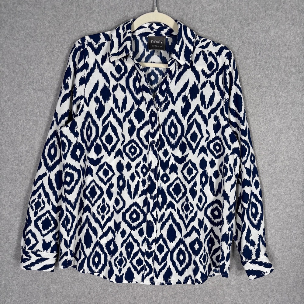 Ninety Ikat Button Up Shirt Blouse Medium Navy White Southwest Tribal Maximalist